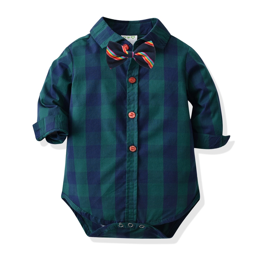 Bộ Áo Liền Quần Tay Dài Vải Cotton Phối Cà Vạt Nơ Thời Trang Cho Bé Trai 0-3 Tuổi
