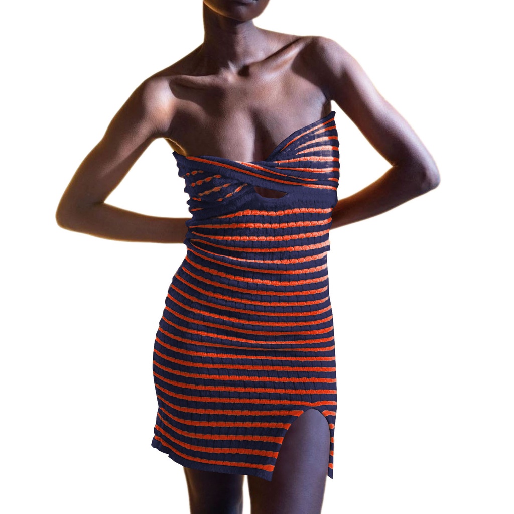 DUNEA Đầm Dệt Kim Trễ Vai Xẻ Tà Họa Tiết Kẻ Sọc Thời Trang Quyến Rũ Cho Nữ