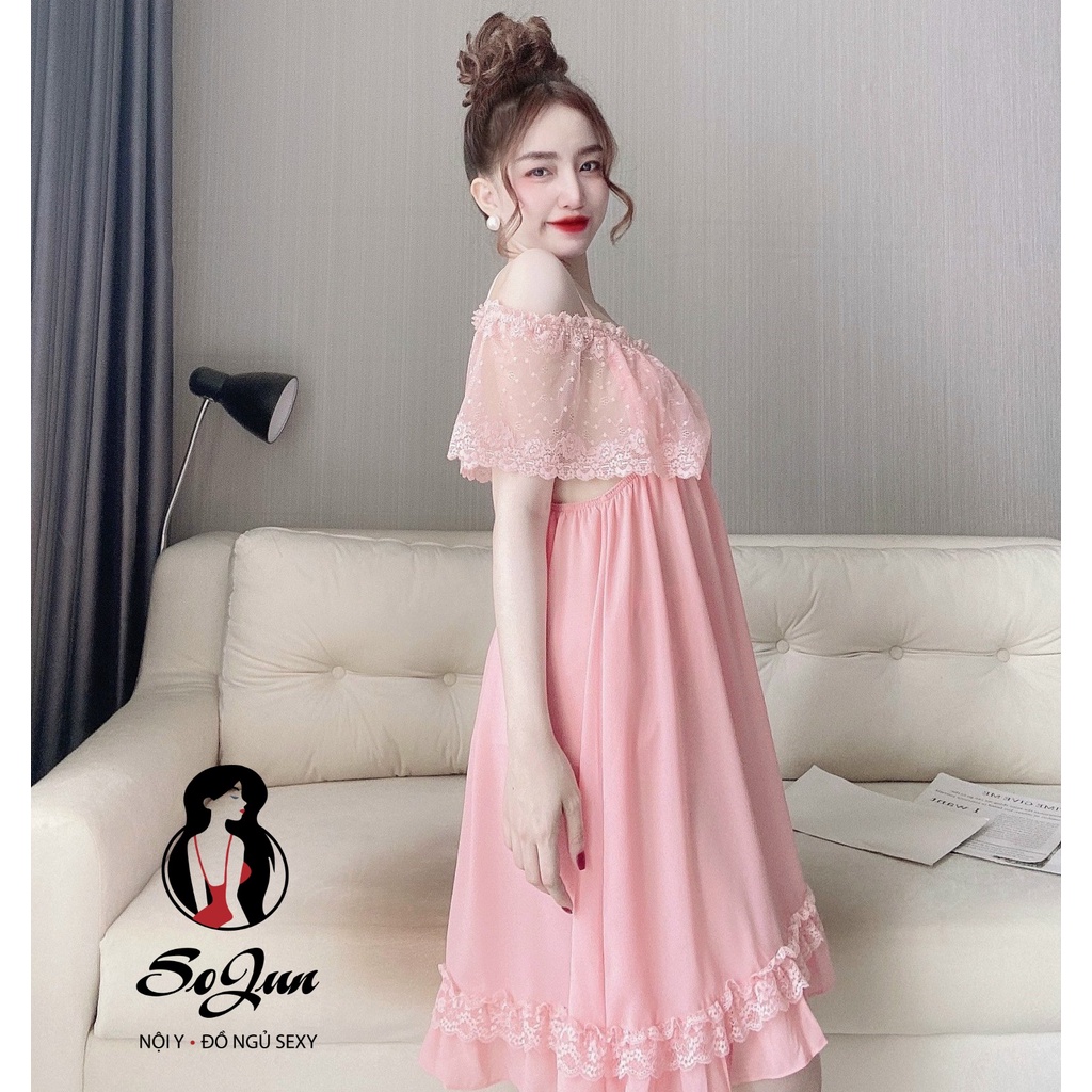 Váy Ngủ Nữ SOJUN Vải Chiffon Bẹt Vai Kèm Quần Dưới 70Kg