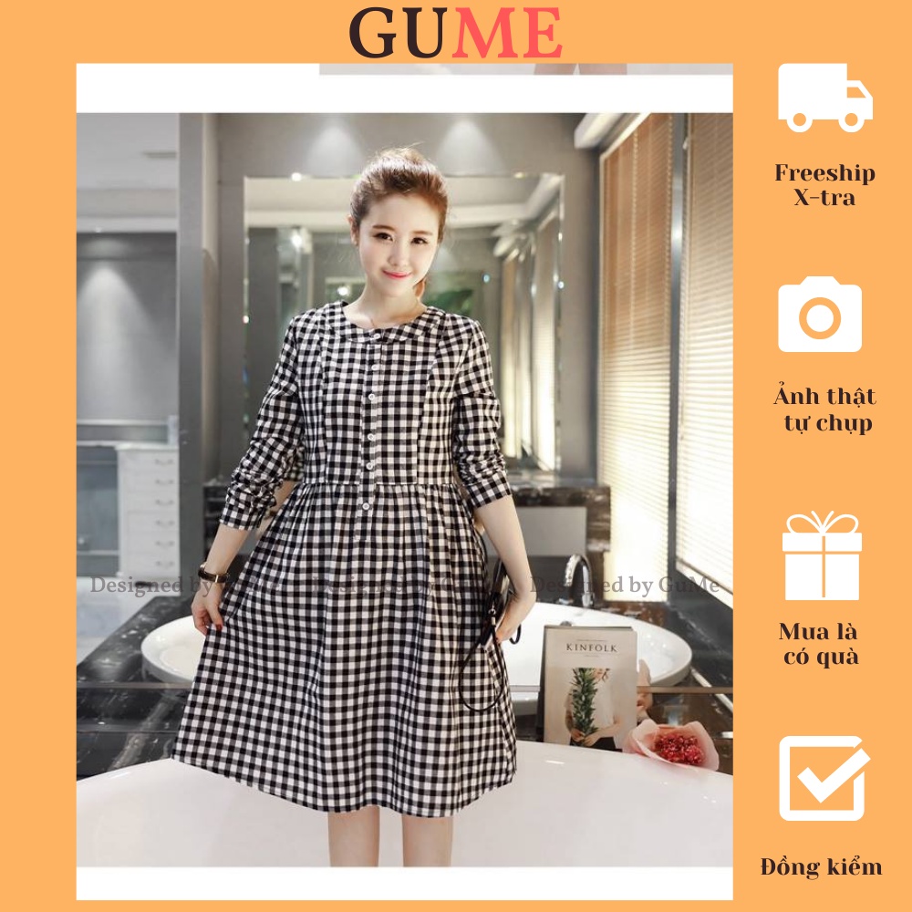 Váy Bầu Thu Đông Kẻ Caro Cổ Tàu Nằm_Đen 1048
