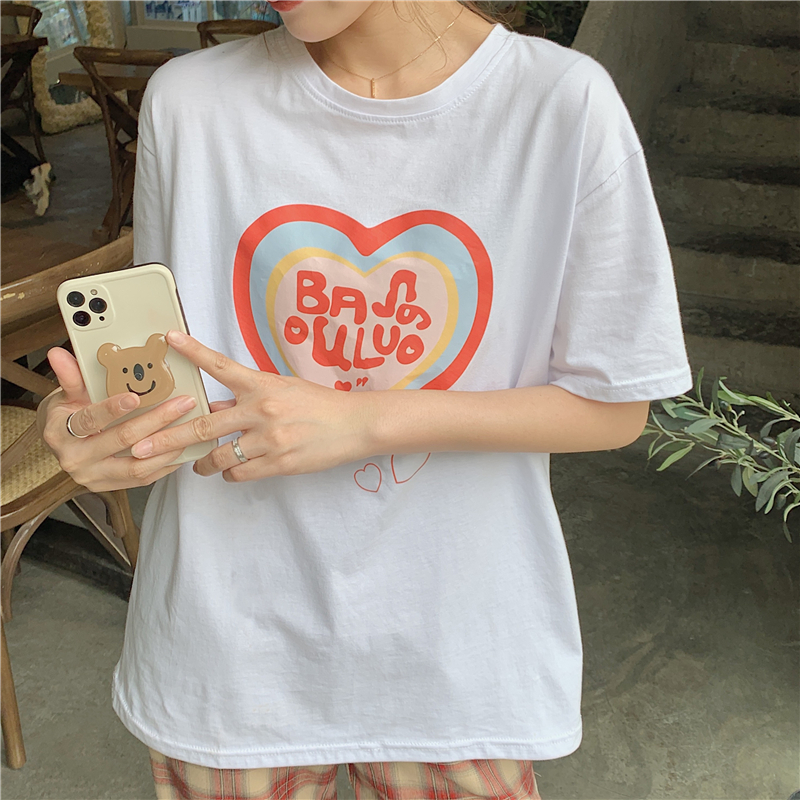 SUXI Áo Thun Nữ Tay Ngắn In Hình Trái Tim Phong Cách Hàn Quốc