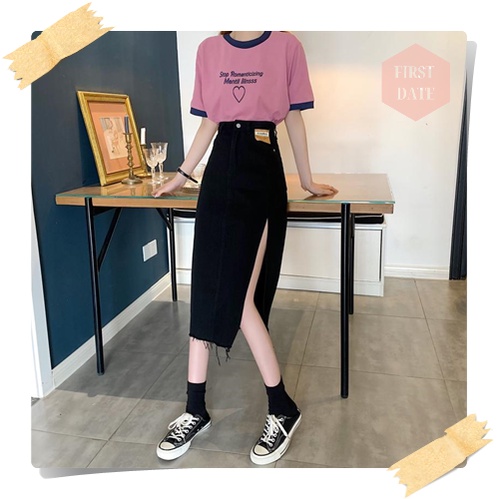 Chân váy bò dài  FIRST DATE chân váy jean dáng dài nữ mùa hè denim xẻ tà thiết kế túi eo cao