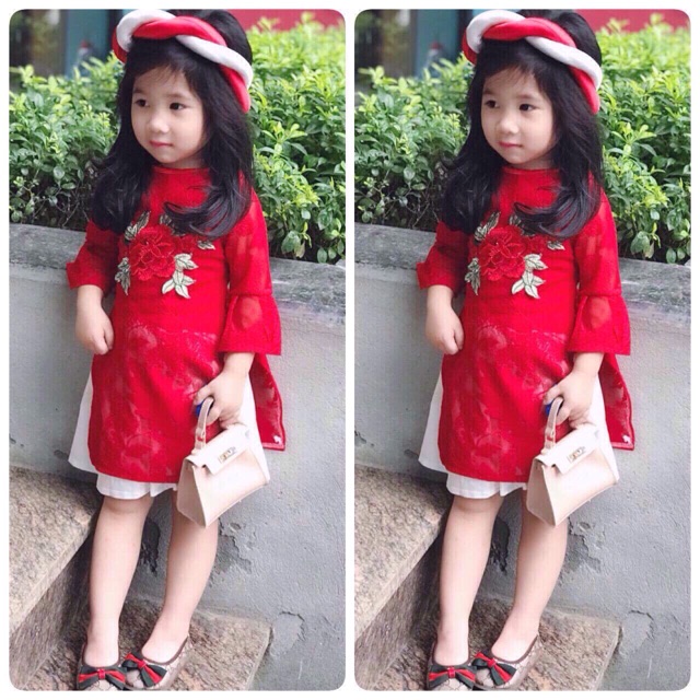 Set áo dài hoa lụa Tết cho bé yêu