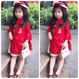 Set áo dài hoa lụa Tết cho bé yêu