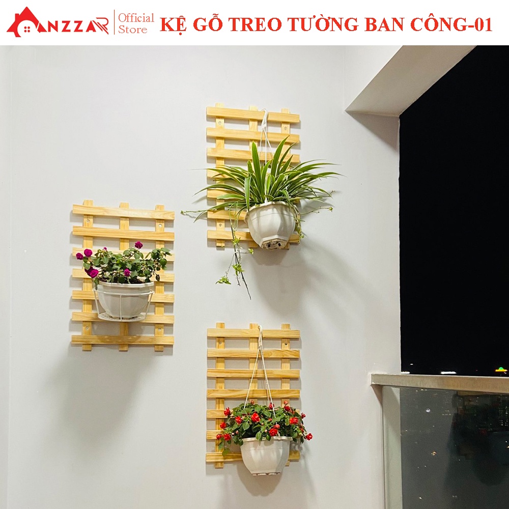 Kệ gỗ treo tường Anzzar ghép nhiều thanh làm giá treo chậu hoa, cây cảnh trang trí ban công KBC-08