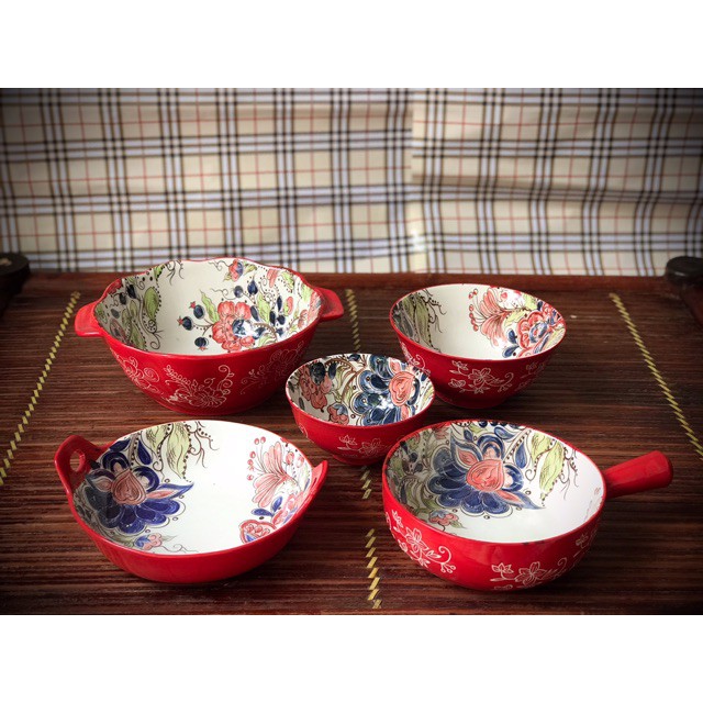 Chén bát sứ tráng men hoa đỏ trang trí bàn ăn, dùng trong lò nướng. lò vi sóng