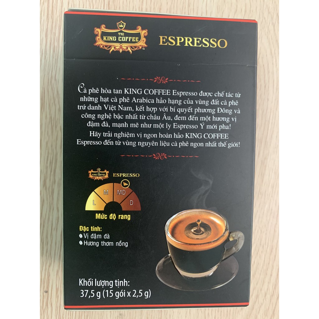 Cà Phê Đen Hòa Tan Espresso KING COFFEE - Hộp 15 gói x 2.5g - Arabica café hòa tan đậm hương vị cà phê Ý