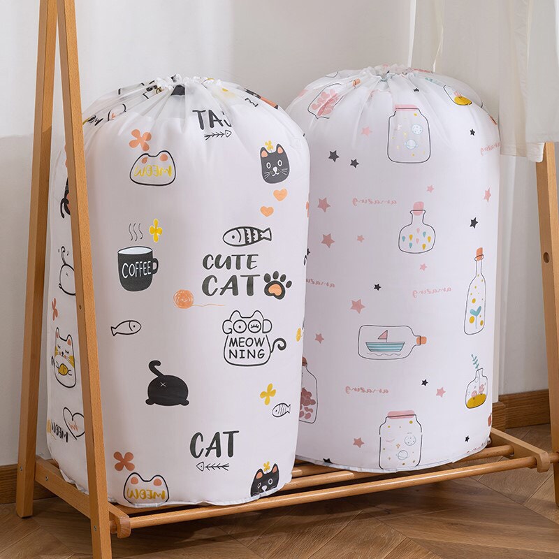 Túi Vải Đựng Chăn Màn Ga Gối Dây Rút, Bao Đựng Quần Áo Chống Nước Hình Trụ Tròn Size Lớn
