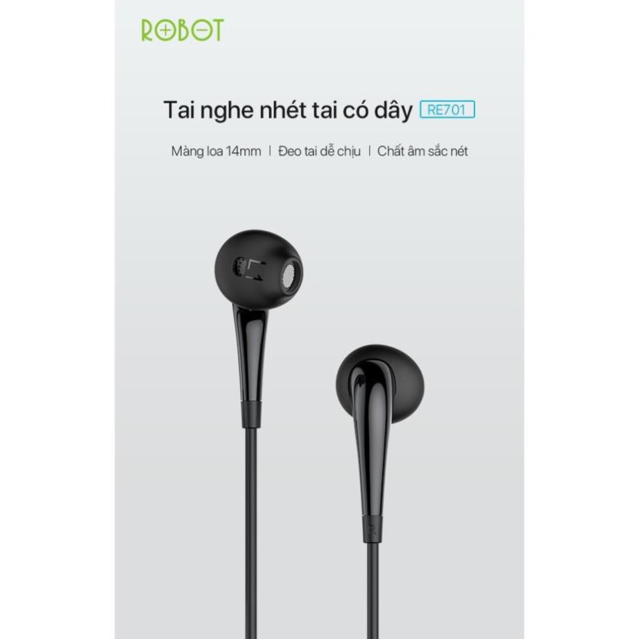 Tai Nghe Nhét Tai Có Dây ROBOT RE701 Nghe Nhạc Đàm Thoại - Cổng Kết Nối 3.5mm - Âm Thanh Sắc Nét - BẢO HÀNH 12 THÁNG