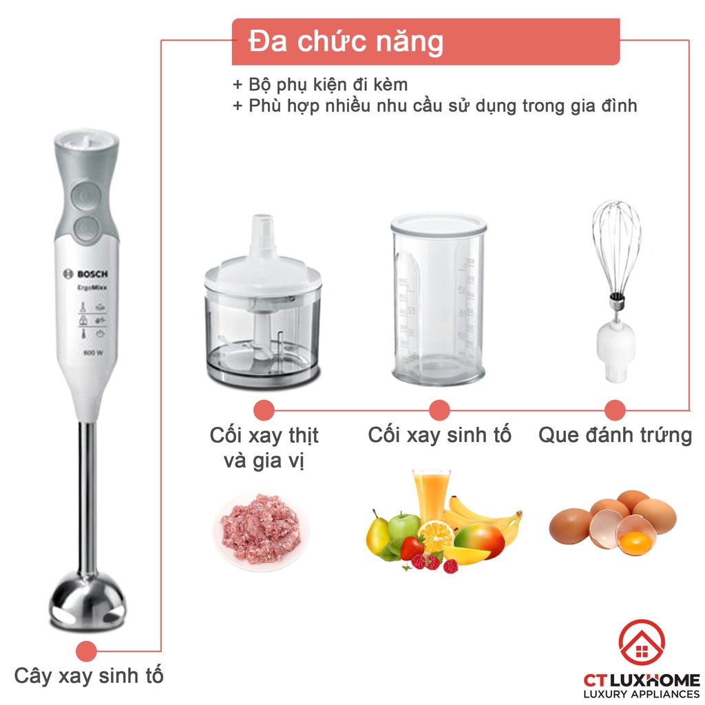 Máy xay thực phẩm cầm tay Bosch MSM66150 12 cấp tốc độ, 600W, 220V, 50/60Hz, Kèm cây đánh trứng