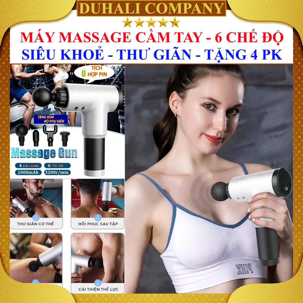 Súng Massage Fascial Cầm Tay, Giúp Giảm Đau Vai Gáy - Máy Massage Mini Làm Giãn Căng Cơ - Tặng 4 Đầu, 6 Chế Độ - DUHALI