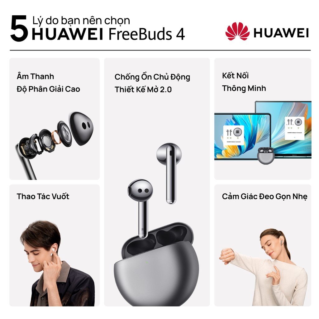 Tai Nghe Bluetooth HUAWEI FreeBuds 4 | Chống Ồn Chủ Động Thiết Kế Mở 2.0