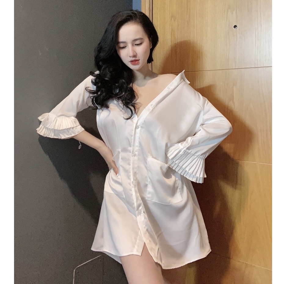 Đồ ngủ sexy / Đầm sơmi siêu gợi cảm - tay có phối dập ly, chất liệu SATIN cao cấp loại 1 mềm mịn mát, freesize dưới 65kg | BigBuy360 - bigbuy360.vn