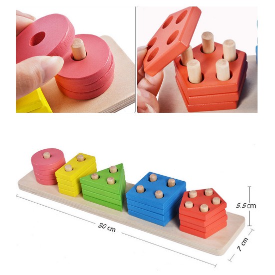 Đồ chơi thả hình 5 trụ cọc thanh ngang gỗ cho bé nhận diện hình dạng màu sắc