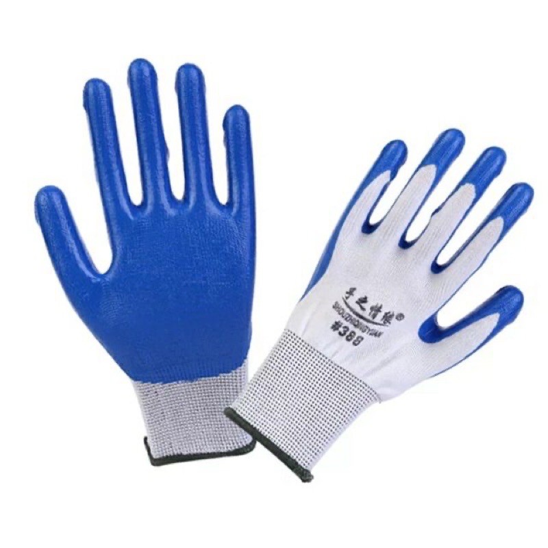 Găng tay bảo hộ lao động phủ sơn xanh, mã 388, được trang bị cho công nhân bốc xếp hàng hoá, xây dựng...