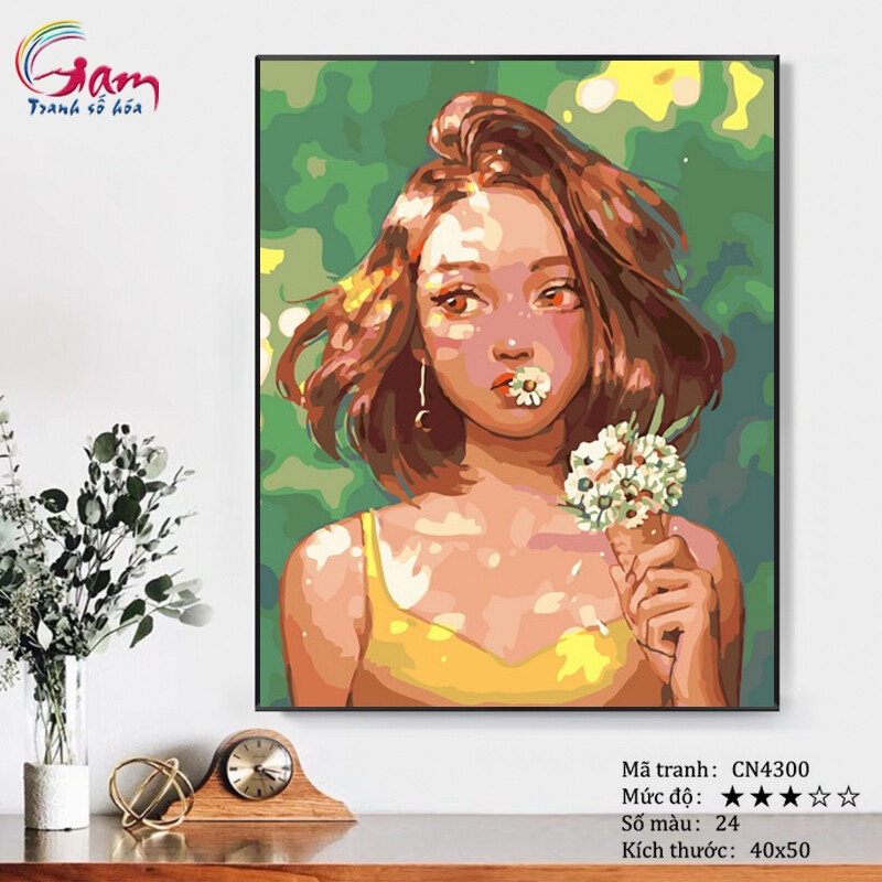 Tranh tô màu số hóa Gam treo tường trang trí cô gái hoa cúc CN4300