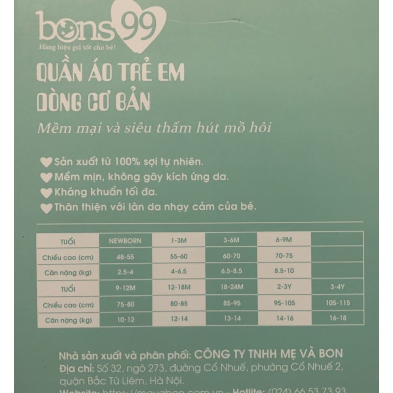 Bộ sát nách Bons99 sợi tre thoáng mát cho Bé trai Bé gái size 6M-4Y