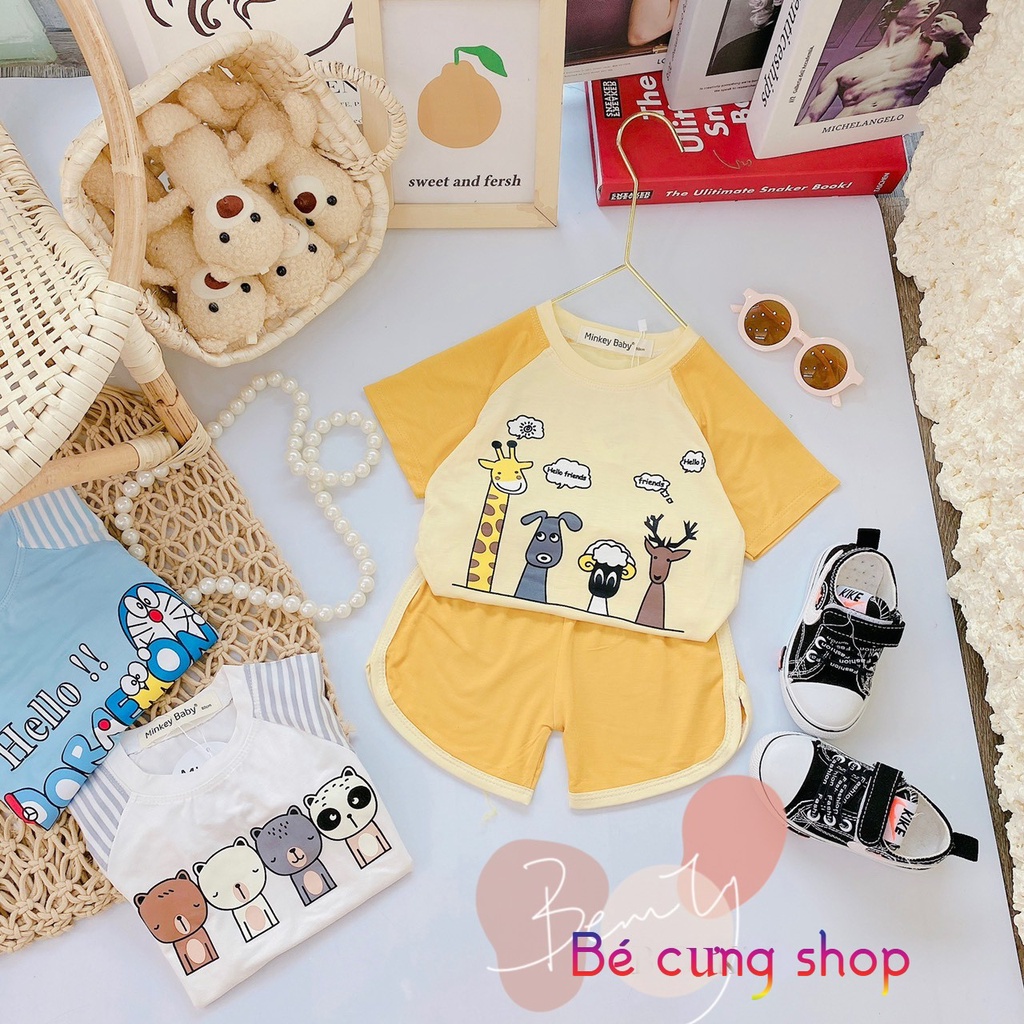 Bộ cộc tay cho bé trai bé gái, Bộ cộc tay Minky mom chính hãng thun lạnh họa tiết hình cho bé từ 7 - 20kg