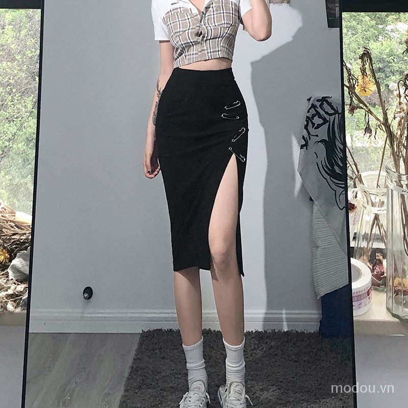 Chân Váy Midi Cạp Cao Xẻ Tà Thời Trang Thanh Lịch Hàn Quốc
