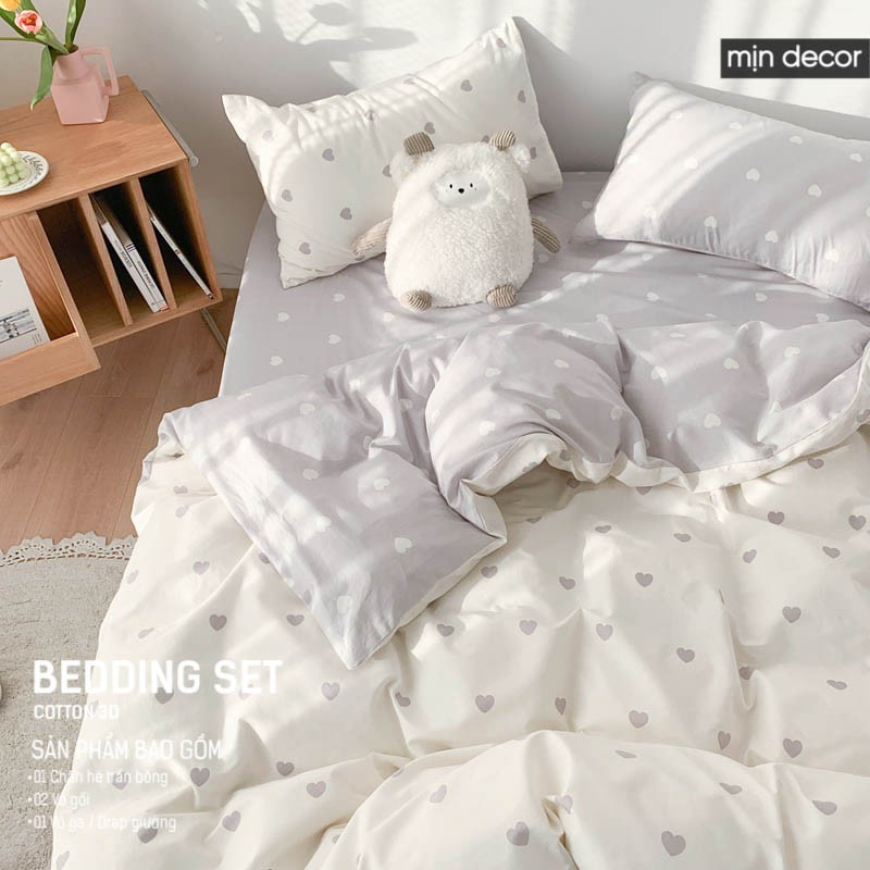 Bộ chăn ga gối Cotton 3D Mịn Decor 2021 - Bộ ga giường và vỏ chăn gối họa tiết tim nhiều màu, sử dụng cả 2 mặt | BigBuy360 - bigbuy360.vn
