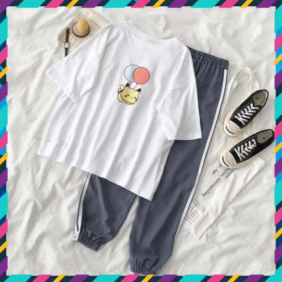 Bộ thể thao, Set Thể Thao Quần Jogger Line Phối Áo Thun Tay Lỡ Pikachu Unisex cho nam và nữ - S22 .