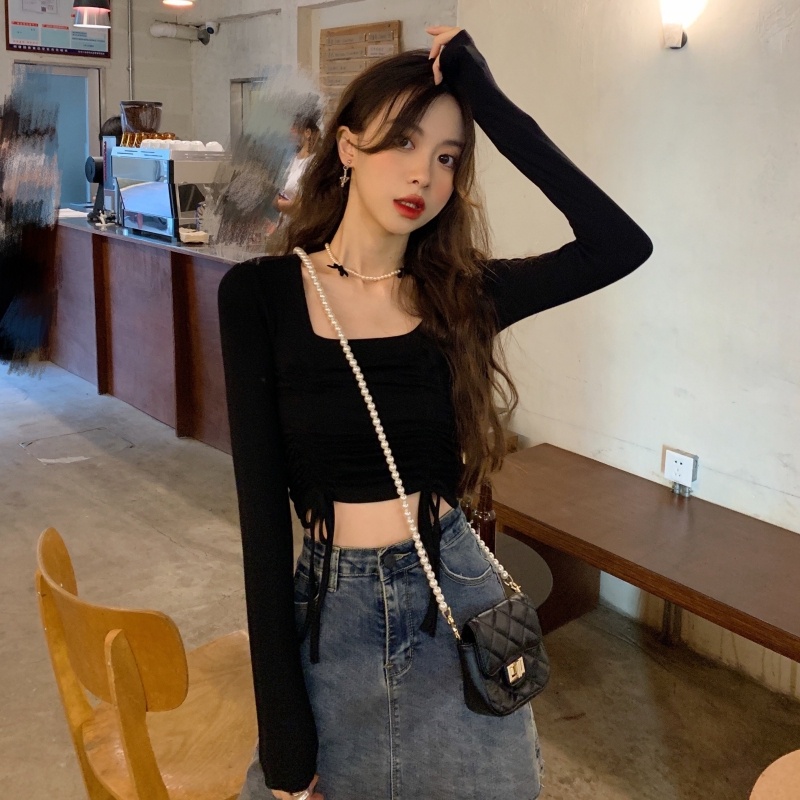 Áo Croptop Tay Dài Cổ Vuông Phối Dây Rút Thời Trang Quyến Rũ Cao Cấp