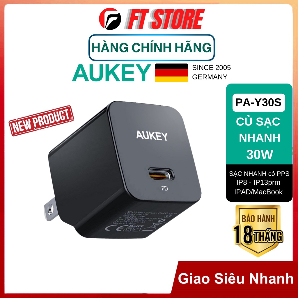 Củ sạc nhanh AUKEY PD PPS 30W PA-Y30S SẠC NHANH PD DÀNH CHO IP8-IP13prm, có PPS cho Samsung Flagship