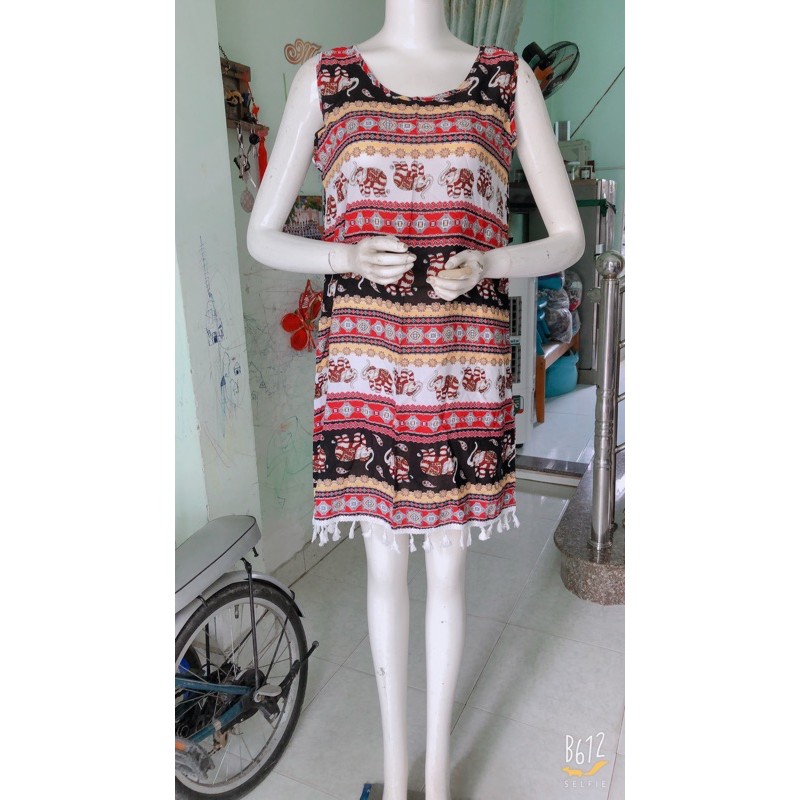 [48-90ký/size 1&amp;size 2]Đầm lanh suông A thổ cẩm viền ren tua rua