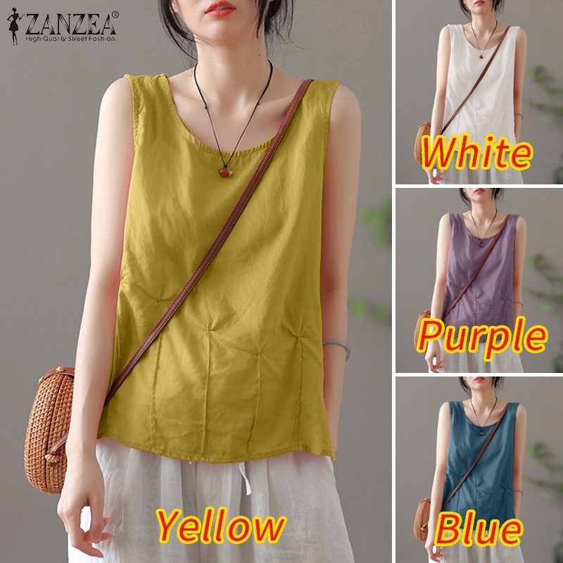 Áo sát nách ZANZEA cổ tròn xếp ly màu trơn phong cách cổ điển thời trang cho nữ