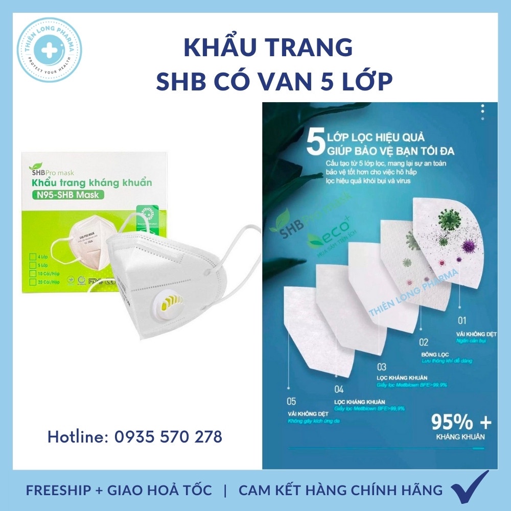 Khẩu trang N95 SHB Pro Mask, 5 Lớp Có VAN thở chính hãng, khẩu trang 3M kháng khuẩn PM 2.5