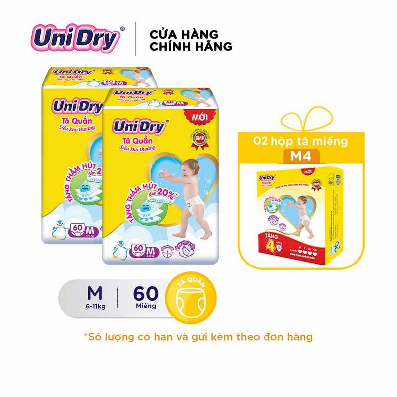 Combo 02 tã quần UniDry siêu khô thoáng gói Jumbo M60/L54/XL48/XXL44