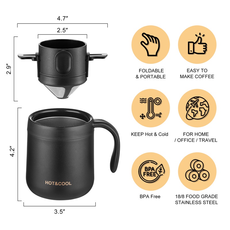 Ly pha cà phê AHAHOME bằng thép không gỉ 304 hai lớp kèm phụ kiện lọc có thể gập lại tiện dụng