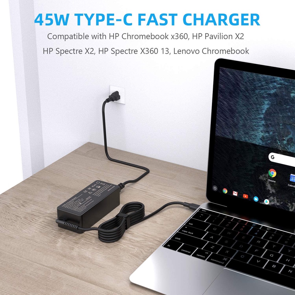 Bộ Chuyển Đổi Nguồn USB Loại C 45W Cho Laptop Lenovo Chromebook Thinkpad Yoga; HP Chromebook X360, Spectre X360; Dell Xps; ASUS ZenBook Chromebook Notebook