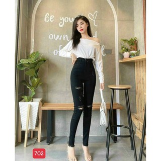Quần jean nữ lưng cao đen rách cao cấp -chất denim co dãn tốt - quần chuẫn shop BEN Shop0807 HN13