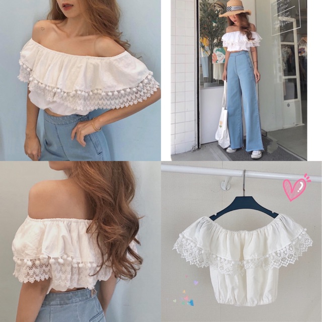 NEW 2021 Áo Angel Top Thiết kế trễ vai quyến rũ chất vải linen xược dày dặn mix ren RẺ VÔ ĐỊCH