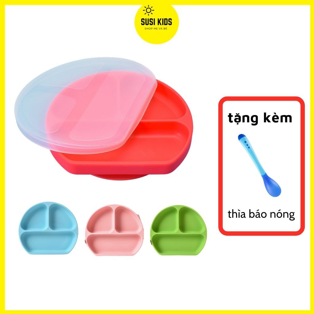 Khay ăn dặm silicon tròn 3 ngăn có đế hút chống đổ cho bé (TẶNG THÌA BÁO NÓNG) - Susikids