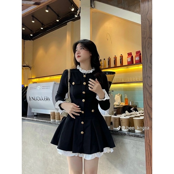 Váy dài tay chân váy xếp li xoè pha bèo xinh xắn Amineyshop
