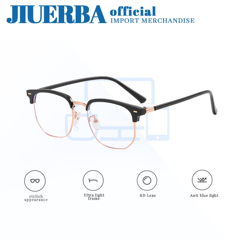 Mắt kính JIUERBA nửa gọng vuông bằng kim loại chống ánh sáng xanh/ tia bức xạ thời trang cho nam nữ