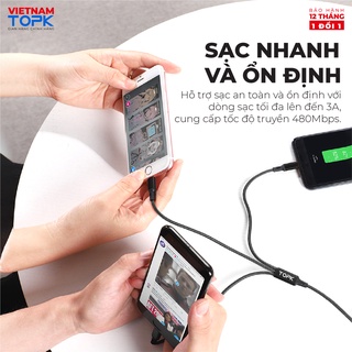Dây sạc 3 đầu (IP,Type-C,Micro) dùng cho ĐT TOPK AN20 Vỏ bện nylon dài 1.2m-Hàng phân phối