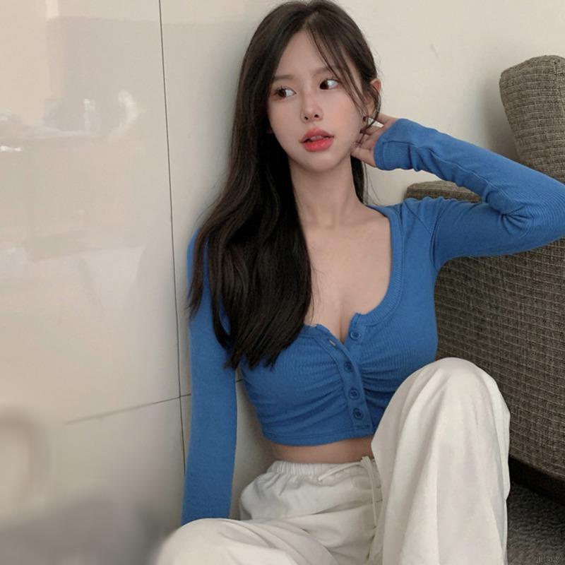 Áo Croptop Dệt Kim Tay Dài Màu Sắc Đơn Giản Phong Cách Hàn Quốc