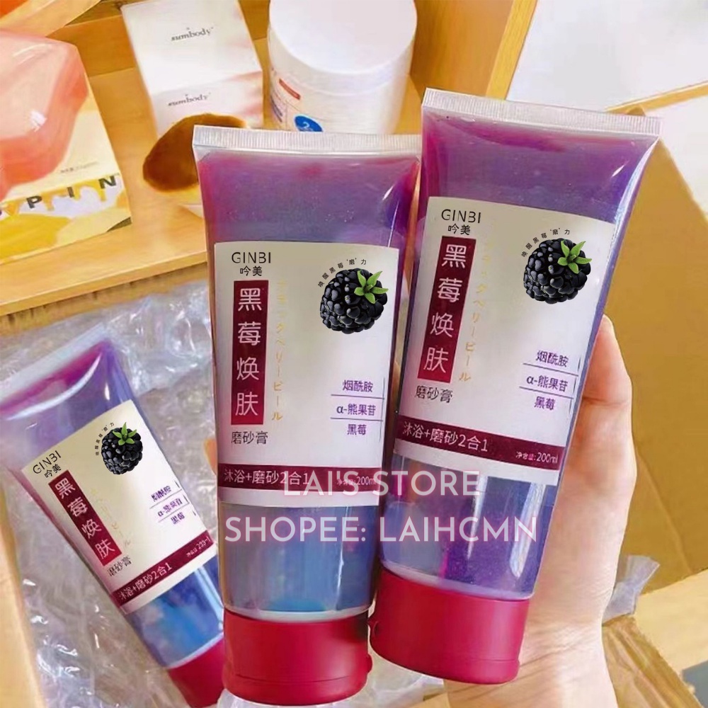 Tẩy Tế Bào Chết Mâm Xôi Đen GinBi (200ml) Làm Sạch Da, Dưỡng Ẩm, Trắng Da, Bổ Sung Khoáng Chất, Chăm Sóc Làn Da
