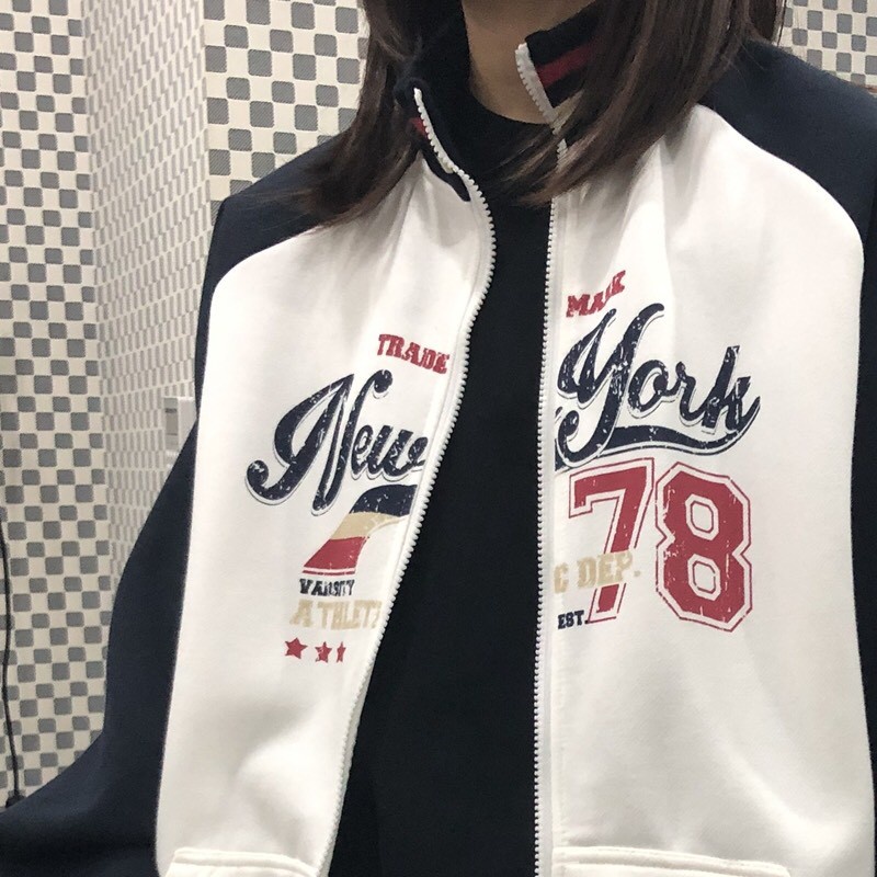 ÁO KHOÁC RAGLAN NEW YORK 78 - ÁO NỈ NGOẠI PHỐI TAY ĐEN TRẮNG VIỀN SỌC KHOÁC TRADE MARK