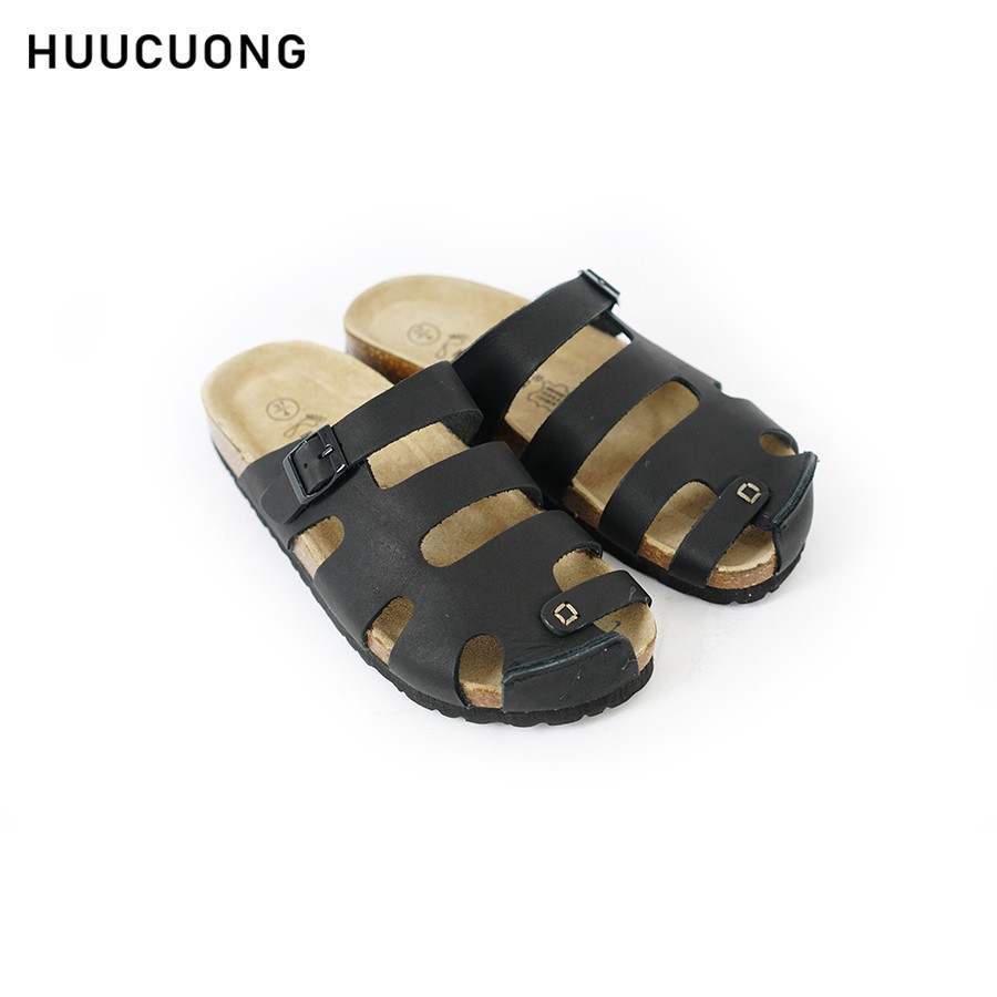 Dép unisex HUUCUONG bịt mũi da bò đen đế trấu handmade