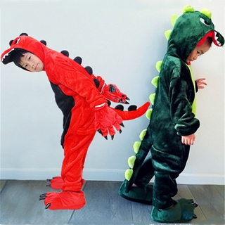 Bộ pijama ngủ hình khủng long hoạt hình màu xanh lá/ đỏ cho trẻ em