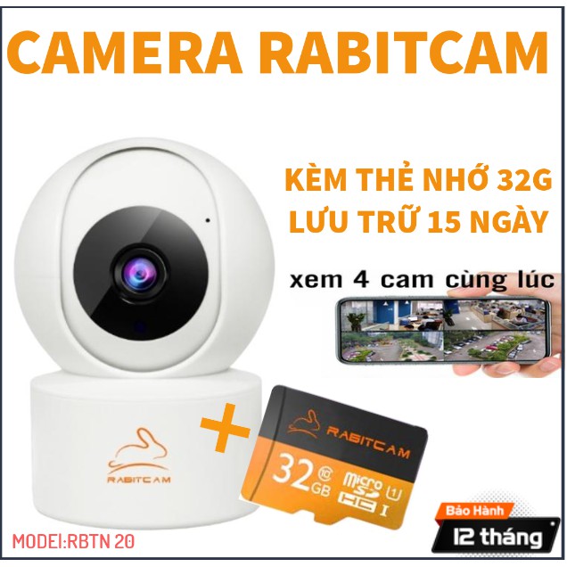 Camera Wifi 360 Độ RABITCAM  2.0 Mpx full HD1080 (Kèm Thẻ 32G Lưu Trữ 15 Ngày) Chuẩn Nén H265+ Đàm Thoại 2 Chiều