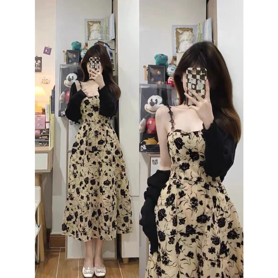 Set Váy Hoa Baby Doll 2 Dây Dáng Dài Mix Áo Cardigan Tiểu Thư Cực Đẹp Freesize
