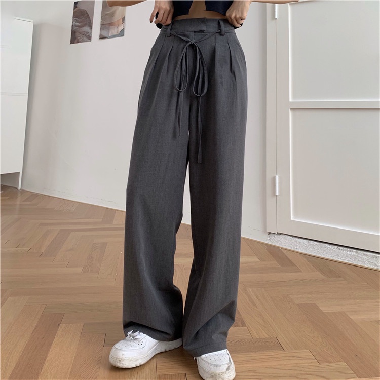 Quần ống rộng eo cao màu xám phong cách Hàn Quốc cá tính cho nữ