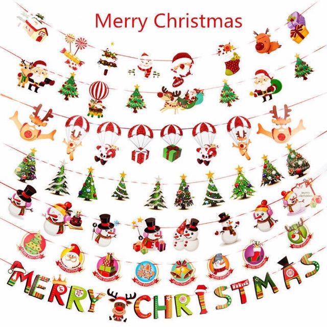 Dây trang trí merry christmas dài 3m , Cờ treo tường họa tiết ông già Noel chuyên dụng cho trang trí lễ Giáng Sinh