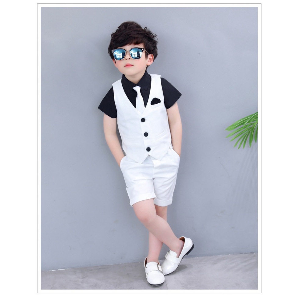 Bộ Vest Ghile Bé Trai Công Tử Bạc Liêu Sang Chảnh + Tặng kèm áo thun cổ sơmi  - Màu Trắng