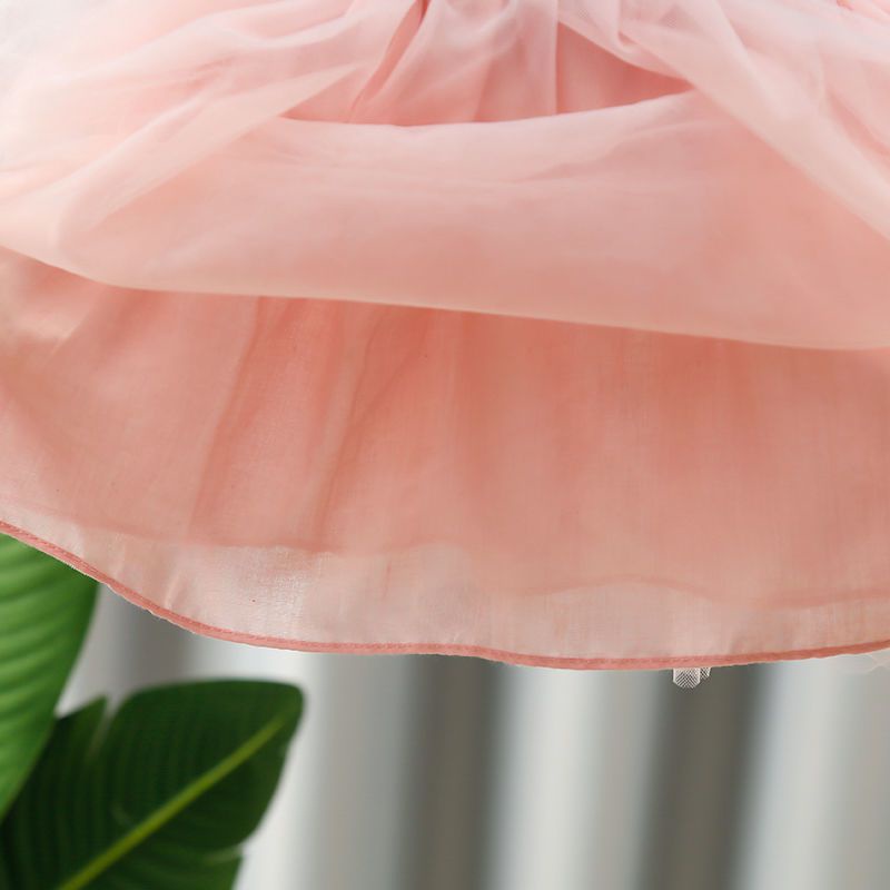 Đầm lưới   tay ngắn cổ búp bê thắt nơ eo thêu họa tiết xinh xắn dành cho bé gái 0-4 tuổi